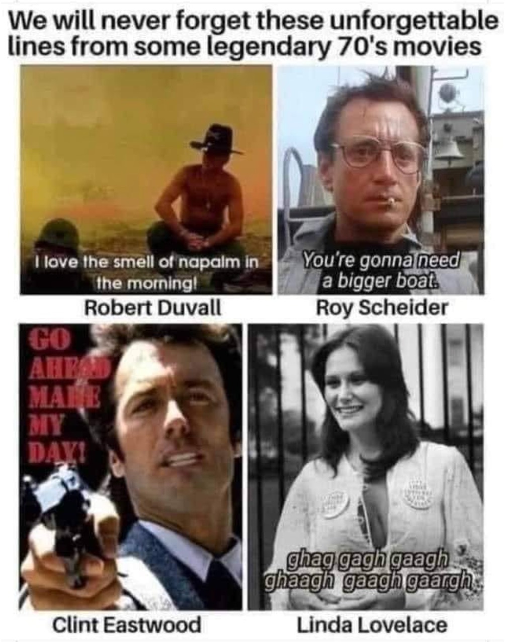 Chaotic Meh meme titled “Unforgettable Lines From Legendary 70s Movies.”