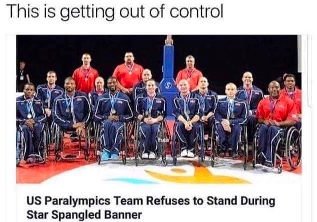 Chaotic Meh meme titled “US Paralympics Team Refuses to Stand During Star Spangled Banner – This Is Getting Out of Con…