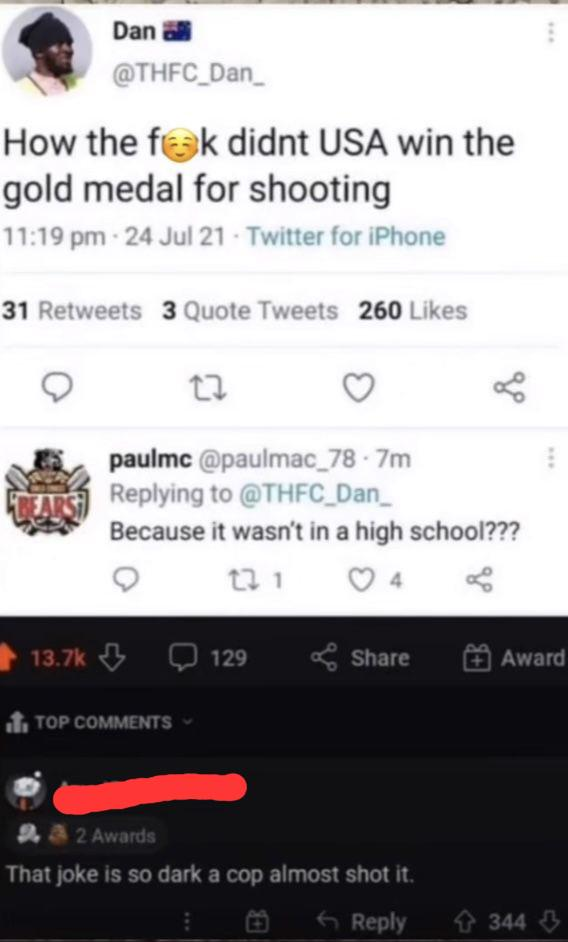 Chaotic Meh meme titled “USA Shooting Gold Medal.”