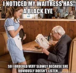 Chaotic Meh meme titled “I Noticed My Waitress Has a Black Eye.”