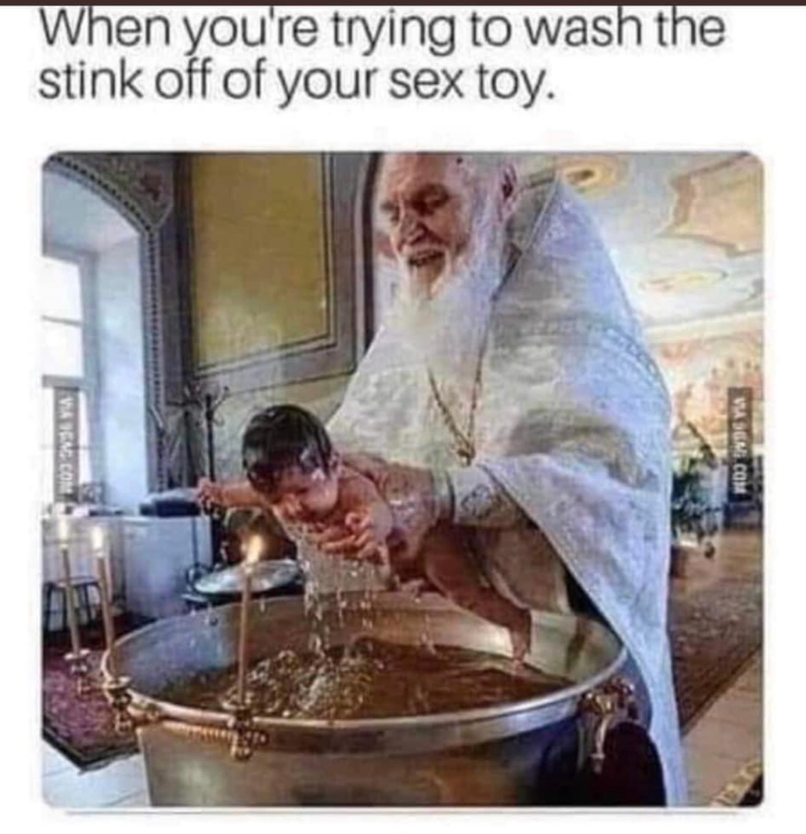 Chaotic Meh meme titled “When You’re Trying to Wash the Stink Off Your Sex Toy.”