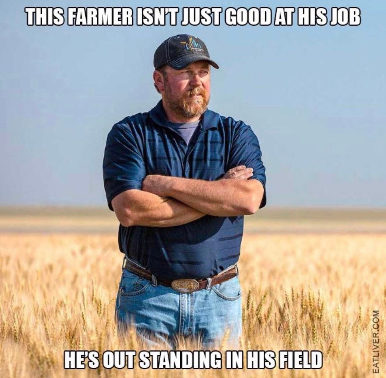 Chaotic Meh meme titled “Out Standing in His Field.”