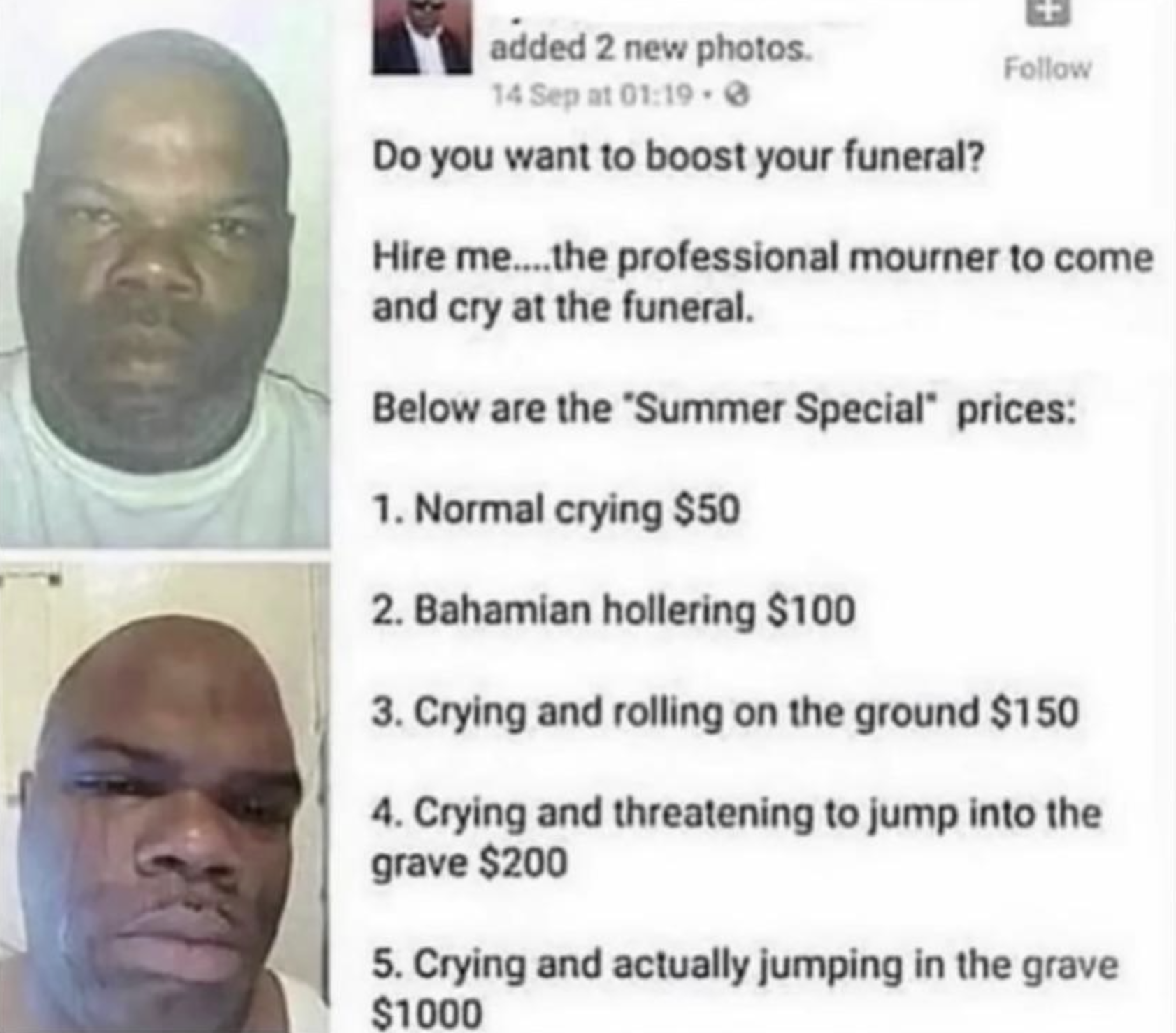 Chaotic Meh meme titled “Professional Mourner.”