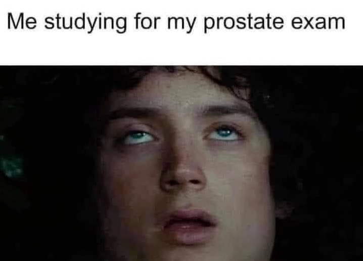 Chaotic Meh meme titled “Studying for My Prostate Exam.”