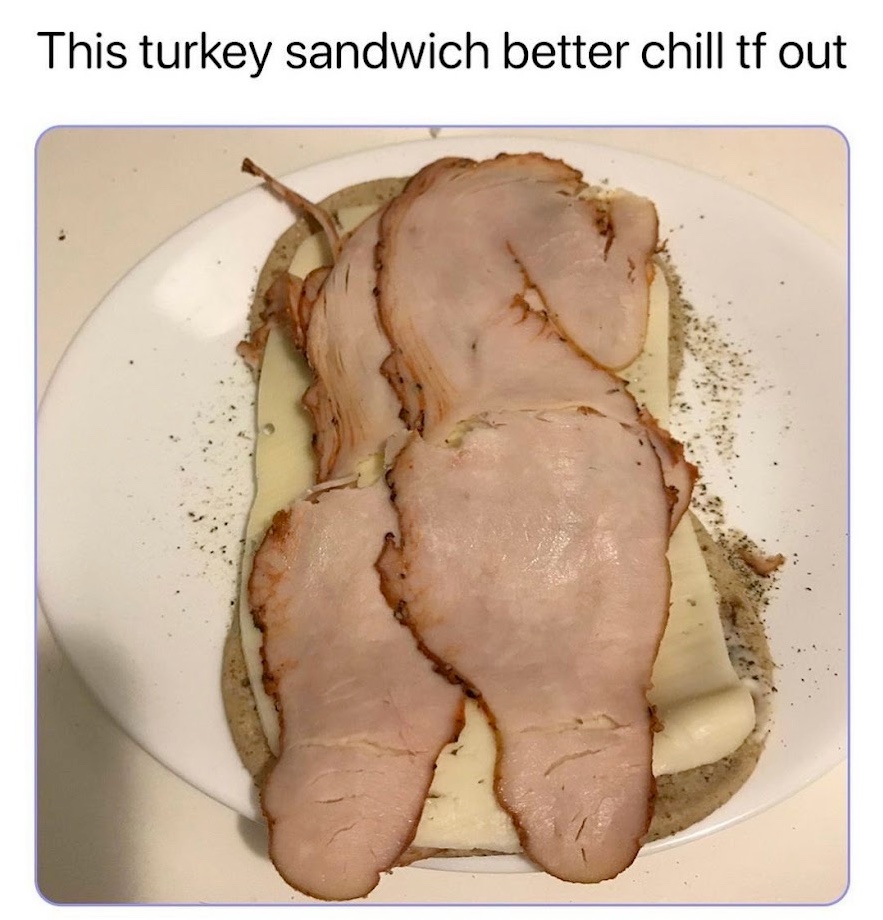 Chaotic Meh meme titled “This Turkey Sandwich Better Chill TF Out.”
