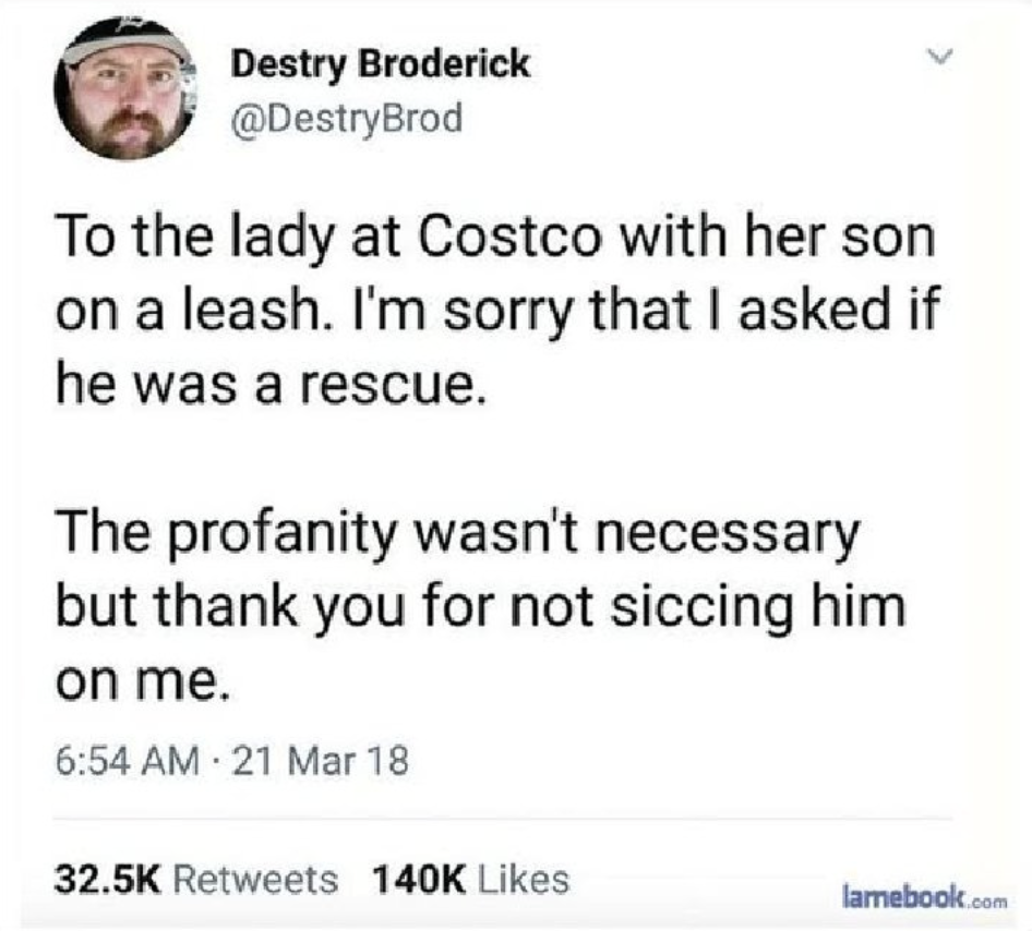 Chaotic Meh meme titled “Costco Kid On Leash Rescue.”
