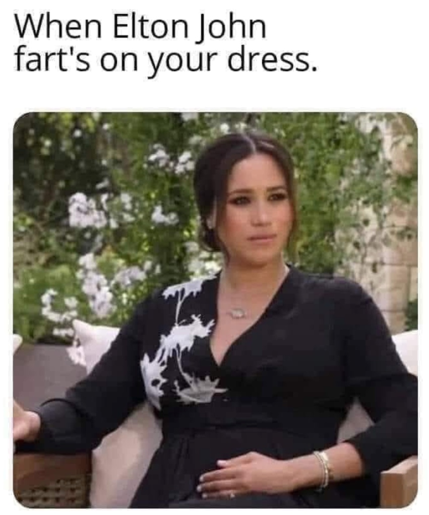 Chaotic Meh meme titled “Elton John Farts On Your Dress.”