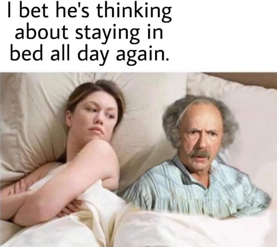 Chaotic Meh meme titled “Staying In Bed All Day Again.”