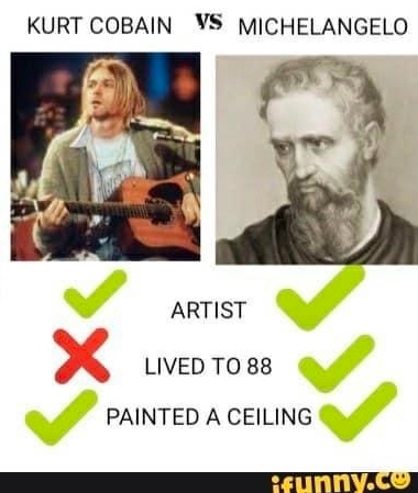 Chaotic Meh meme titled “Kurt Cobain Vs Michelangelo.”