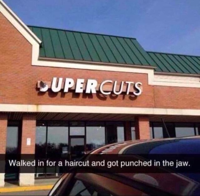 Chaotic Meh meme titled “Supercuts Punched In The Jaw.”