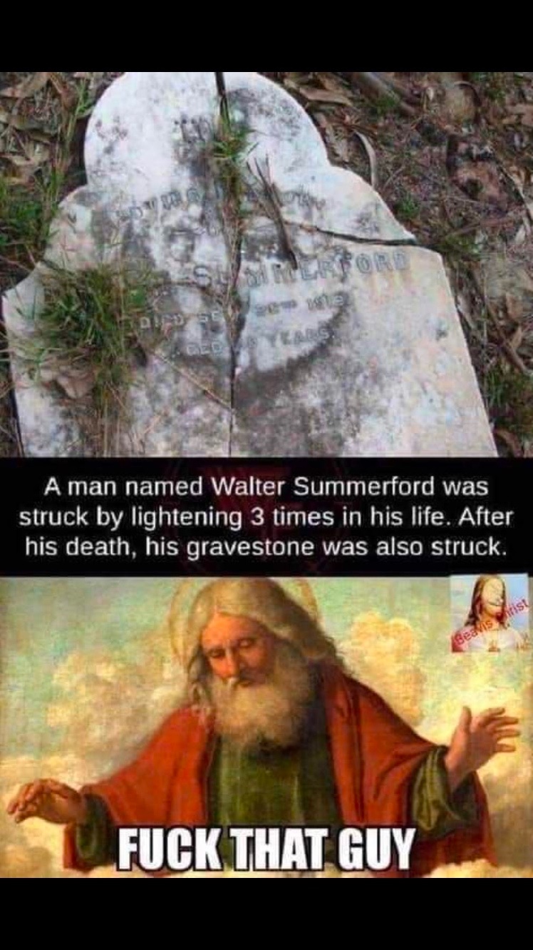Chaotic Meh meme titled “Struck By Lightning Even After Death.”