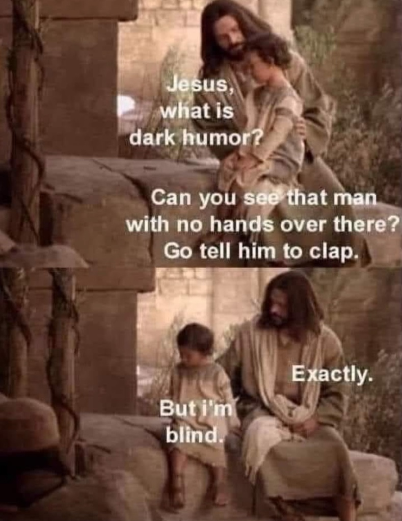 Chaotic Meh meme titled “Dark Humor Blind No Hands Clap.”