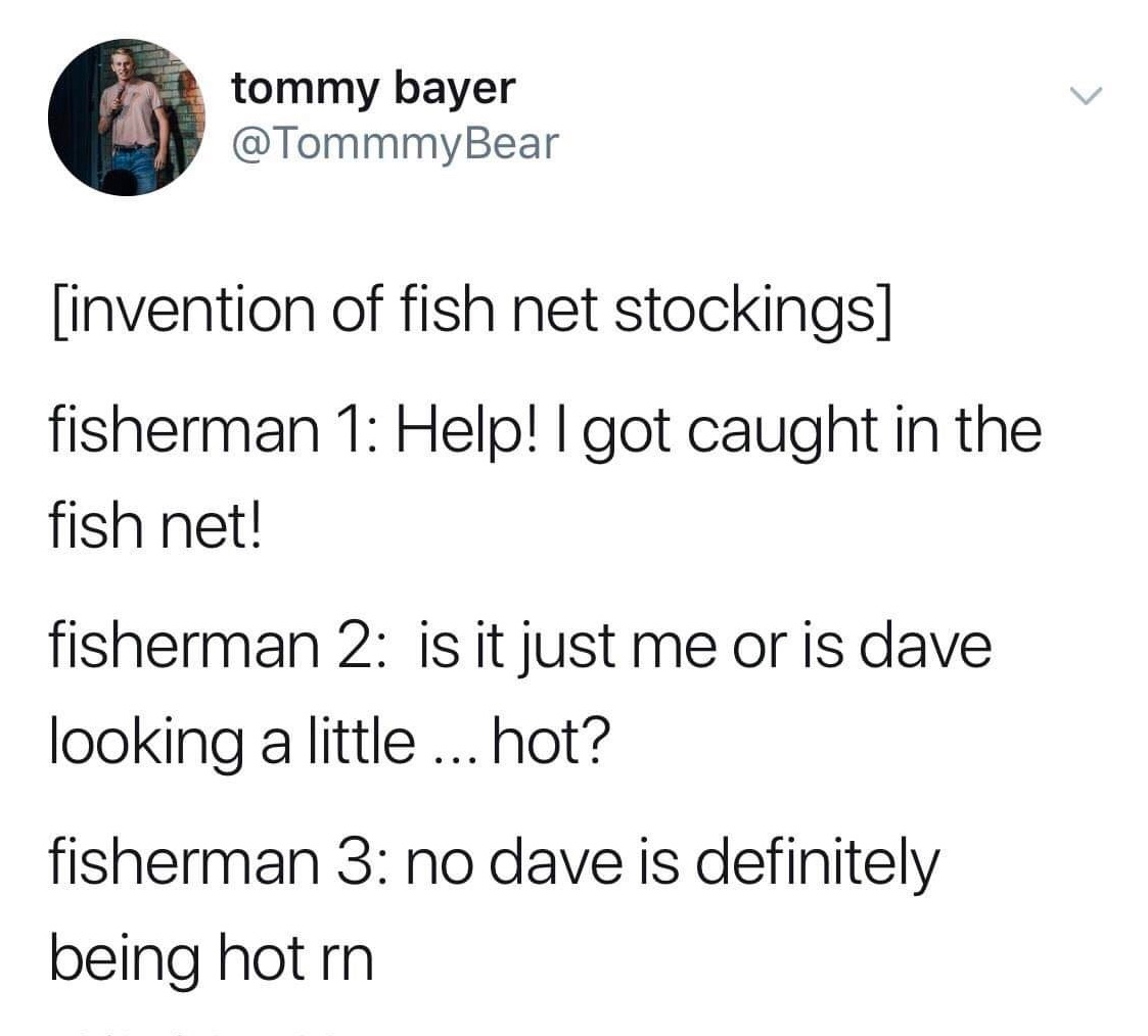 Chaotic Meh meme titled “Invention Of Fish Net Stockings.”