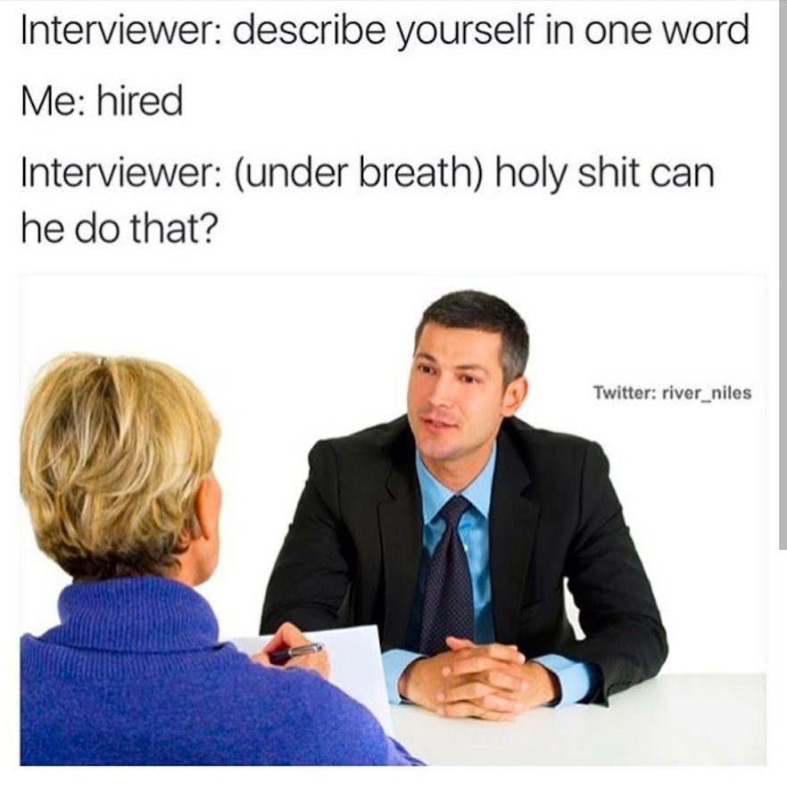 Chaotic Meh meme titled “Describe Yourself In One Word Hired.”
