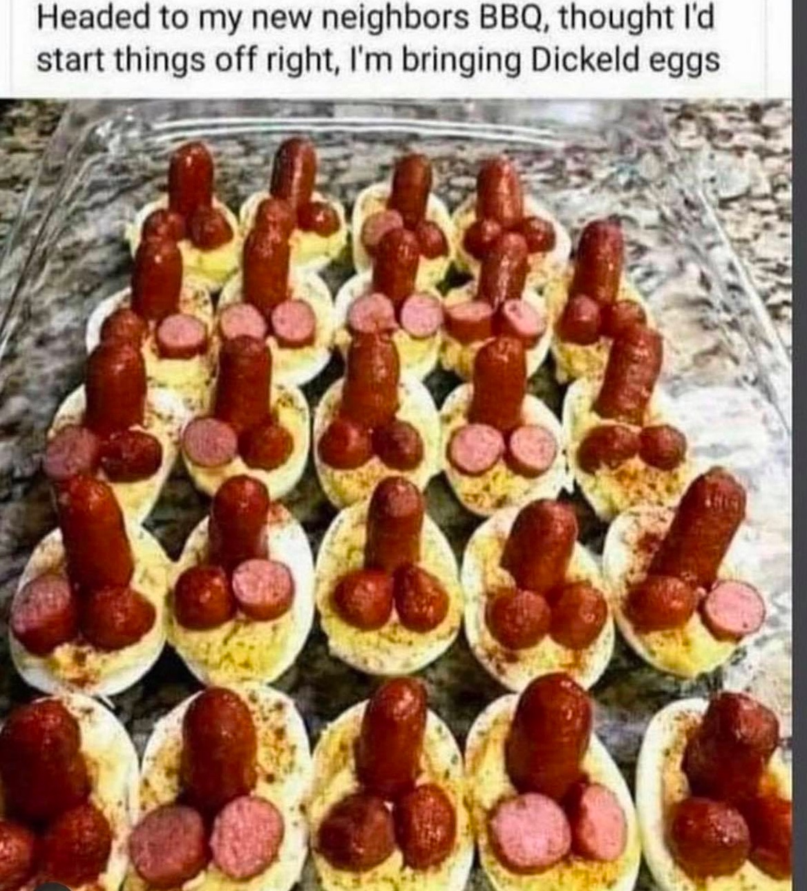 Chaotic Meh meme titled “Bringing Dickeld Eggs To BBQ.”