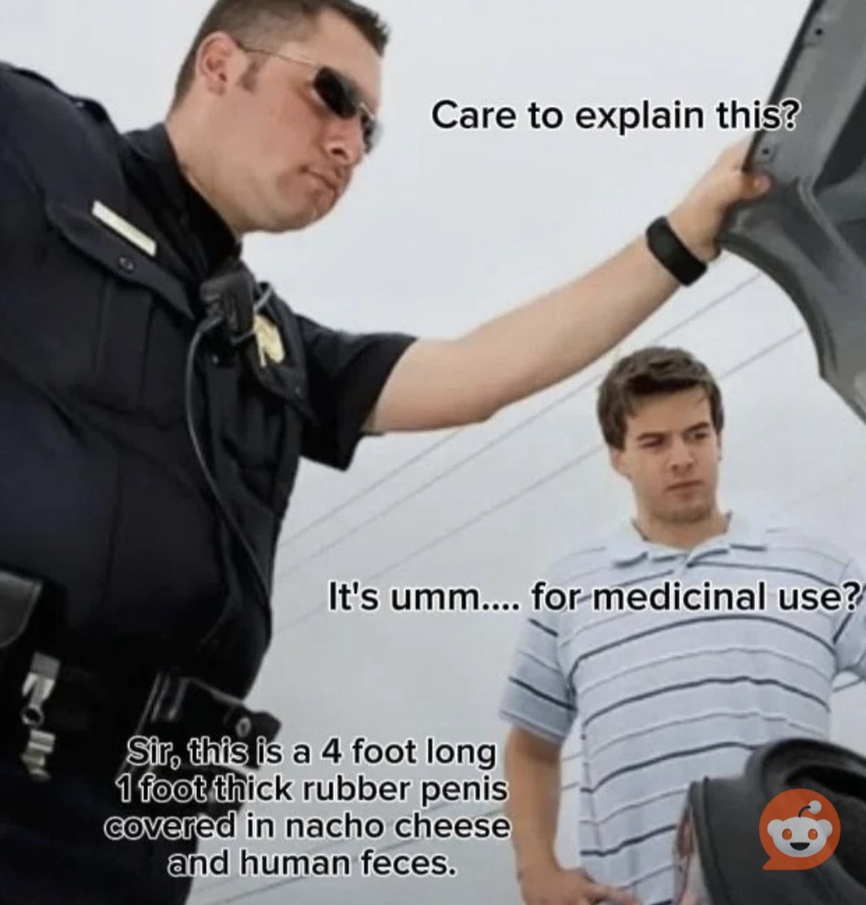 Chaotic Meh meme titled “Four Foot Long Rubber Penis Medicinal Use.”