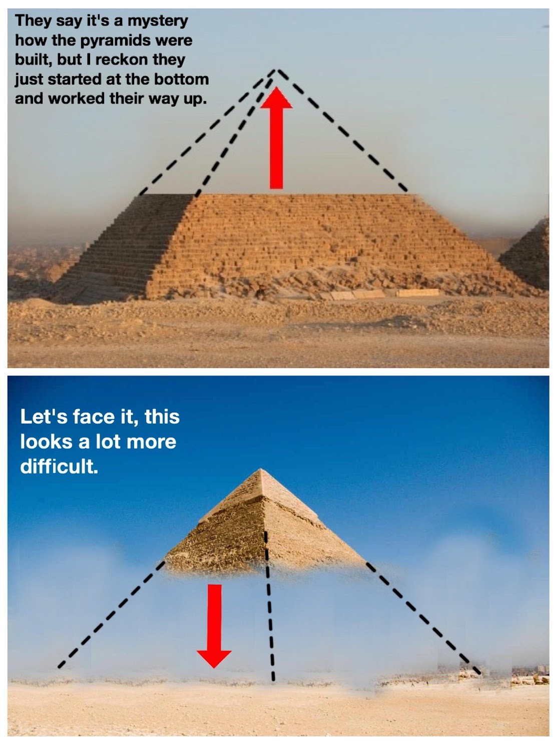 Chaotic Meh meme titled “Pyramids Built From The Bottom Up.”