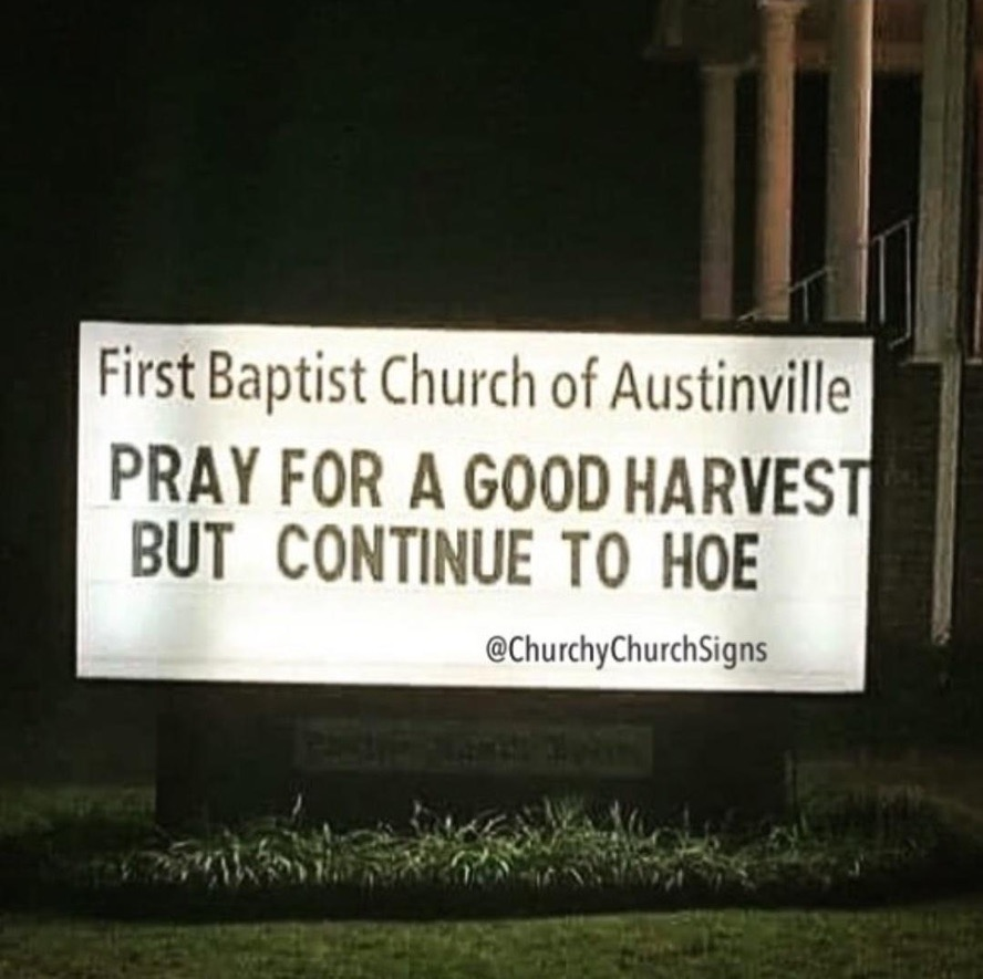 Chaotic Meh meme titled “Pray For Harvest Continue To Hoe.”